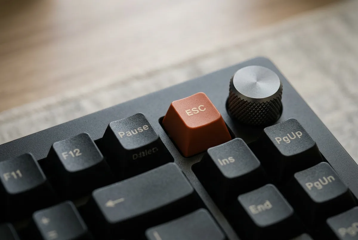 Macro detail of matte keycaps and aluminium knob